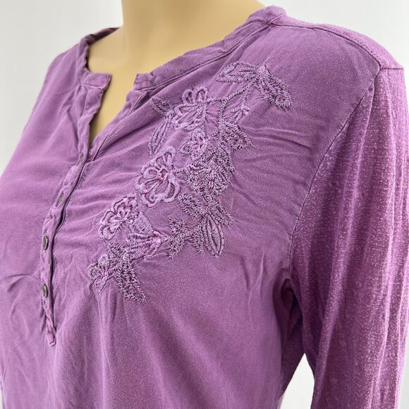 Sonoma (M) Purple Floral Embroidered Roll-Tab Sleeve Henley Tee Shirt - Picture 2 of 8